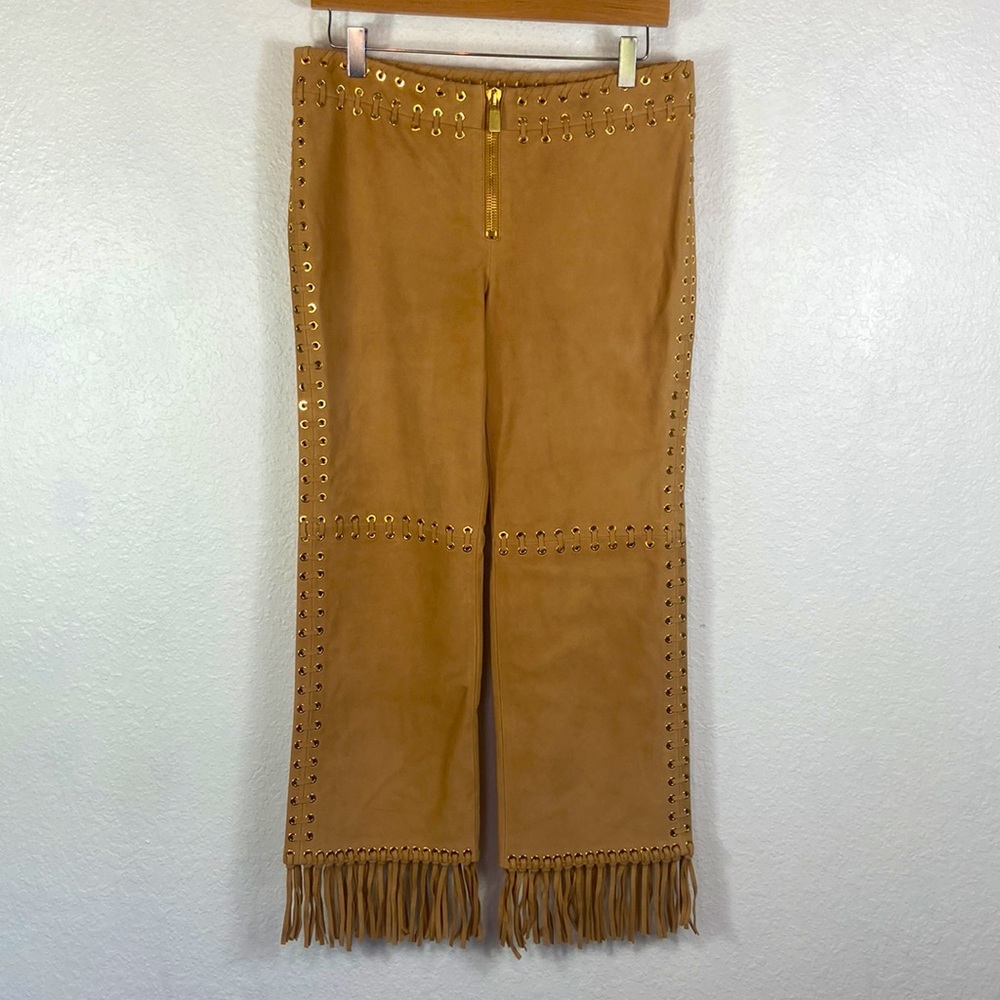 Nwot Michael Kors Collection Lamb Leather boho Fringe Whipstitched Pants - Picture 7 of 16
